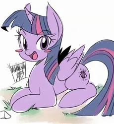 Size: 2204x2391 | Tagged: safe, artist:danmakuman, derpibooru import, twilight sparkle, twilight sparkle (alicorn), alicorn, pony, blush sticker, blushing, cute, female, image, jpeg, looking at you, lying down, mare, open mouth, open smile, prone, signature, simple background, smiling, smiling at you, solo, twiabetes, white background
