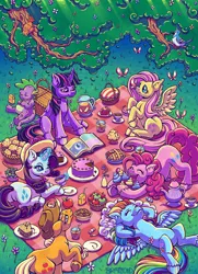 Size: 2106x2916 | Tagged: safe, artist:bratzoid, derpibooru import, applejack, fluttershy, pinkie pie, rainbow dash, rarity, spike, twilight sparkle, twilight sparkle (alicorn), alicorn, bird, blue jay, butterfly, dragon, earth pony, insect, pegasus, pony, unicorn, apple, apple juice, belly, book, cake, candy, cloud, cookie, crumbs, cupcake, ear fluff, eating, featureless crotch, female, flower, food, high res, hoof fluff, hooves behind head, image, jpeg, juice, kettle, looking at something, lying down, magic, male, mane seven, mane six, mare, mare in the moon, moon, muffin, on back, open mouth, orange juice, picnic, pie, plate, salad, sandwich, signature, sitting, sleeping, sweets, tea, teapot, telekinesis, underhoof, unshorn fetlocks, wall of tags