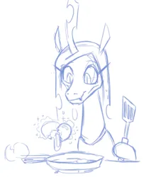 Size: 408x495 | Tagged: safe, artist:jargon scott, derpibooru import, queen chrysalis, changeling, changeling queen, bluescale, egg (food), female, food, frying pan, hoof hold, image, levitation, magic, monochrome, png, simple background, sketch, spatula, telekinesis, white background