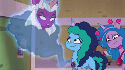 Size: 1280x720 | Tagged: safe, derpibooru import, screencap, izzy moonbow, alicorn, pony, unicorn, g5, my little pony: tell your tale, spoiler:g5, spoiler:tyts01e44, absurd file size, absurd gif size, animated, female, gif, heart, hologram, image, magic, mare, medallion, misty brightdawn, opaline arcana, trio, trio female, wavy mouth, wreath