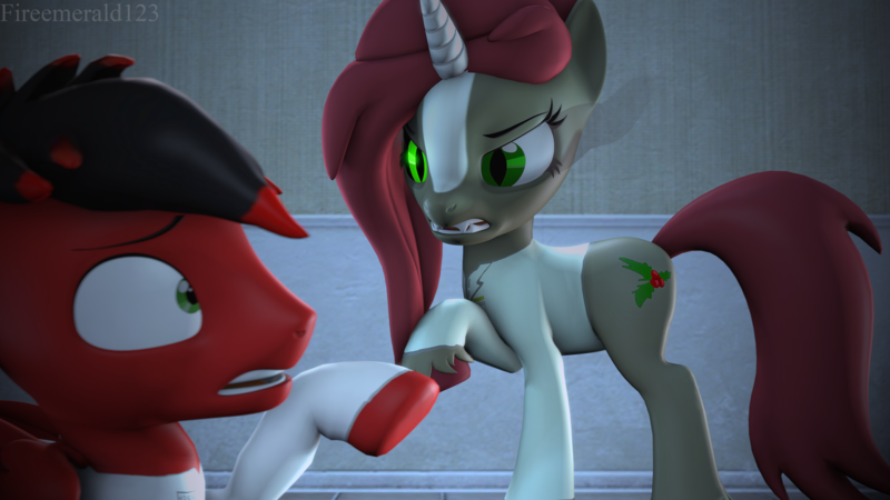 Size: 3840x2160 | Tagged: safe, artist:fireemerald123, derpibooru import, oc, oc:holly berry, oc:page feather, unofficial characters only, pegasus, unicorn, 3d, doctor, duo, glow, glowing eyes, image, png, sharp teeth, source filmmaker, teeth, watermark