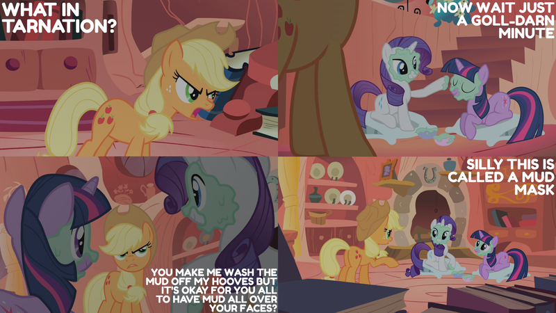 Size: 2000x1125 | Tagged: safe, derpibooru import, edit, edited screencap, editor:quoterific, screencap, applejack, rarity, twilight sparkle, earth pony, pony, unicorn, look before you sleep, applejack's hat, cowboy hat, golden oaks library, hat, image, library, png, text, trio, unicorn twilight