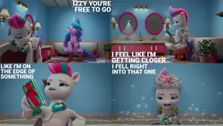 Size: 4400x2475 | Tagged: safe, derpibooru import, edit, edited screencap, editor:quoterific, screencap, izzy moonbow, zipp storm, pegasus, pony, unicorn, my little pony: make your mark, my little pony: make your mark chapter 2, spoiler:my little pony: make your mark, spoiler:my little pony: make your mark chapter 2, spoiler:myms01e07, duo, g5, hoof done it?, hoof heart, image, png, text, underhoof, unshorn fetlocks