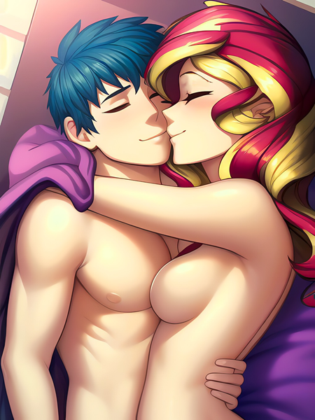 Size: 1020x1360 | Tagged: questionable, derpibooru import, editor:sammykun, machine learning generated, novelai, stable diffusion, flash sentry, sunset shimmer, human, equestria girls, adorasexy, aftersex, bed, breasts, busty sunset shimmer, butt, casual nudity, couple, cute, duo, duo male and female, eyes closed, female, flashimmer, hug, human coloration, image, male, nudity, on bed, png, sexy, shipping, sleeping, sleeping in the nude, smiling, straight