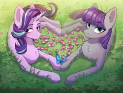 Size: 2150x1623 | Tagged: safe, artist:glumarkoj, derpibooru import, maud pie, starlight glimmer, butterfly, earth pony, insect, pony, unicorn, blushing, commission, cute, duo, duo female, eyeshadow, female, flower, grass, grass field, heart, hooves together, image, lesbian, lidded eyes, lying down, makeup, outdoors, png, shipping, shy, smiling, starmaud