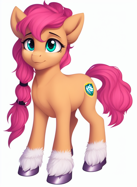 Size: 704x960 | Tagged: safe, derpibooru import, machine learning generated, sunny starscout, earth pony, pony, my little pony: a new generation, cute, female, g5, image, png, simple background, solo, unshorn fetlocks, white background, wrong cutie mark