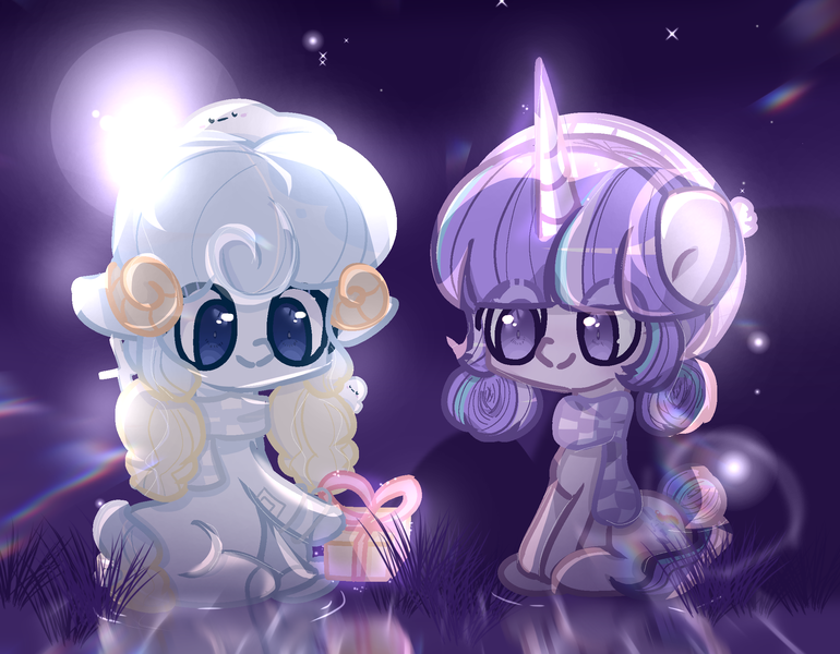 Size: 2078x1620 | Tagged: safe, artist:corpse, derpibooru import, oc, oc:arlene mona, oc:delia ino, unofficial characters only, deer, earth pony, reindeer, sheep, unicorn, birthday, forest, horn, image, lake, moonlight, png, present, smiling, spirit, tree, unicorn oc, water