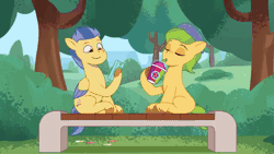 Size: 1280x720 | Tagged: safe, derpibooru import, screencap, hitch trailblazer, izzy moonbow, unnamed character, unnamed pony, earth pony, pegasus, pony, unicorn, my little pony: tell your tale, spoiler:tyts01e44, absurd file size, absurd gif size, animated, bench, breaking, colt, destruction, female, filly, foal, g5, gif, heart, image, jumping, male, mare, mobile phone, phone, secret ad-mare-er, smartphone, smoothie, stallion, tree, whistle, youtube link