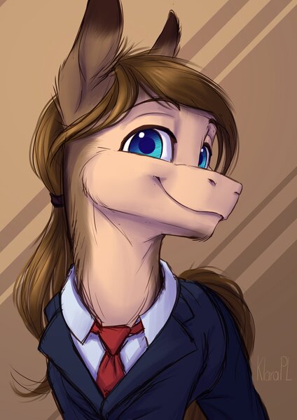 Size: 2480x3508 | Tagged: safe, artist:klarapl, derpibooru import, oc, unofficial characters only, earth pony, pony, abstract background, clothes, earth pony oc, hairband, image, jpeg, long mane, male, necktie, ponytail, smiling, solo, stallion, suit