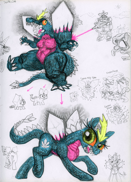 Size: 2866x4000 | Tagged: safe, artist:ja0822ck, derpibooru import, rarity, ponified, pony, godzilla, godzilla (series), image, jpeg, moguera, piollante, spacegodzilla, traditional art