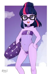 Size: 2894x4093 | Tagged: suggestive, artist:oozutsucannon, banned from derpibooru, twilight sparkle, equestria girls, cameltoe, child, clothes, female, glasses, gris swimsuit, image, inner tube, lolicon, looking at you, png, solo, solo female, swimsuit, underage, young, younger