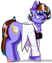 Size: 1449x1767 | Tagged: safe, artist:trr_bc, derpibooru import, oc, oc:time watcher, unofficial characters only, blue eyes, brown hair, clothes, cutie mark, facial hair, goggles, image, lab coat, moustache, png, simple background, transparent background