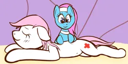 Size: 1782x892 | Tagged: safe, anonymous artist, derpibooru import, lotus blossom, nurse redheart, earth pony, pony, blushing, drawthread, duo, eyes closed, female, image, lying down, mare, massage, png, prone, smiling