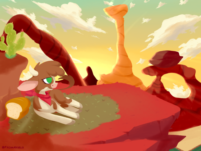 Size: 4000x3000 | Tagged: safe, artist:fromariels, derpibooru import, cow, them's fightin' herds, arizona (tfh), bandana, bread, cactus, cloud, community related, desert, drawthread, female, food, horn, image, lineless, lying down, meme, png, ponified animal photo, scenery, side, solo