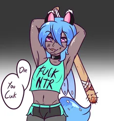 Size: 2000x2141 | Tagged: semi-grimdark, artist:lazerblues, derpibooru import, oc, oc:nana, anthro, bat, satyr, armpits, baseball bat, belly, belly button, blood, cat ears, clothes, concave belly, dialogue, gradient background, image, kinkshaming, midriff, offspring, parent:queen chrysalis, png, shirt, shorts, slim, speech bubble, spiked bat, thin, vulgar, weapon