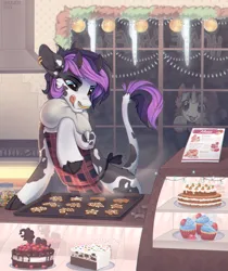 Size: 2852x3400 | Tagged: safe, artist:trickate, derpibooru import, oc, oc:jericho, oc:trickate, unofficial characters only, bull, pony, unicorn, bakery, baking, bull horns, cake, christmas, christmas lights, cookie, cupcake, female, food, holiday, horn, horns, image, leg hold, male, non-pony oc, png, stove, tongue out, underhoof, unicorn oc