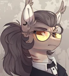 Size: 1054x1160 | Tagged: safe, artist:trickate, derpibooru import, oc, oc:dima, unofficial characters only, pegasus, pony, bust, clothes, ear fluff, ear piercing, glasses, image, looking at you, pegasus oc, piercing, png, ponytail, solo, wings