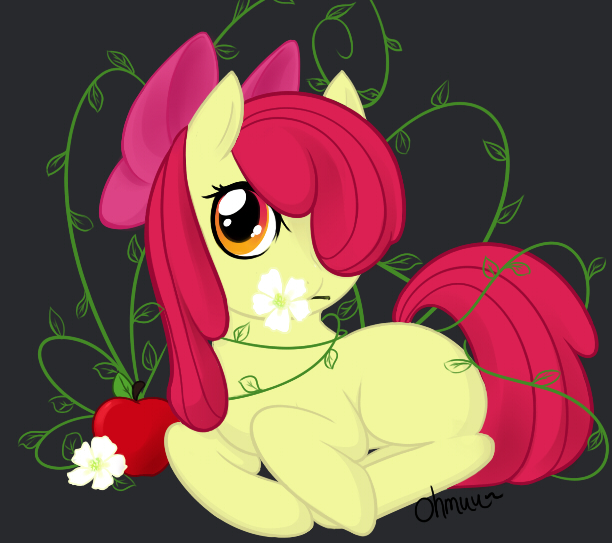 Size: 612x543 | Tagged: safe, artist:ohmuu, derpibooru import, apple bloom, earth pony, pony, female, filly, flower, foal, image, jpeg, lying down, simple background, solo