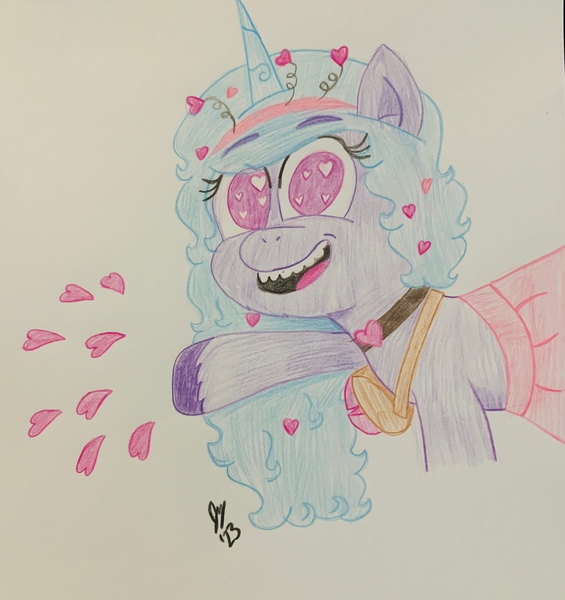 Size: 2888x3067 | Tagged: safe, derpibooru import, izzy moonbow, pony, unicorn, my little pony: tell your tale, spoiler:g5, spoiler:my little pony: tell your tale, spoiler:tyts01e44, colored, colored pencil drawing, colored pencils, drawing, female, g5, heart, heart eyes, hearts and hooves day, image, jpeg, looking at you, mare, open mouth, open smile, secret ad-mare-er, smiling, smiling at you, solo, traditional art, wingding eyes