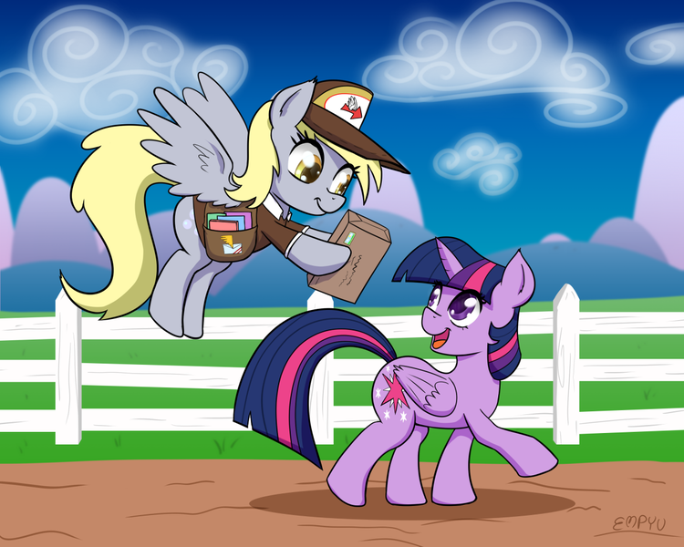 Size: 1200x960 | Tagged: safe, artist:empyu, derpibooru import, derpy hooves, twilight sparkle, twilight sparkle (alicorn), alicorn, pegasus, pony, bag, cloud, delivery, delivery pony, fence, hat, image, looking at each other, looking at someone, looking back, mailbag, mailmare, open mouth, png