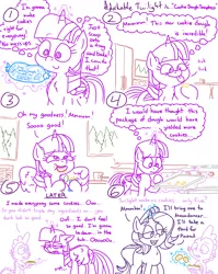 Size: 4779x6013 | Tagged: safe, artist:adorkabletwilightandfriends, derpibooru import, spike, starlight glimmer, twilight sparkle, twilight sparkle (alicorn), alicorn, comic:adorkable twilight and friends, adorkable, adorkable twilight, baking, baking sheet, comic, concerned, cookie, cookie dough, cute, dork, eating, food, happy, image, kitchen, magic, mug, nom, packaging, png, refrigerator, relatable, sick, slice of life, sneaky, stomach ache, stomach noise, stove, table