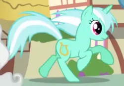 Size: 317x220 | Tagged: safe, derpibooru import, screencap, lyra heartstrings, pony, unicorn, applebuck season, season 1, alternate hairstyle, cropped, female, galloping, image, mare, png, ponyville, running, solo, solo focus, wrong eye color