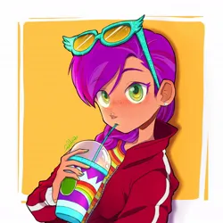 Size: 1080x1080 | Tagged: safe, artist:astrid545269, derpibooru import, sunny starscout, equestria girls, bust, clothes, drink, drinking, ear piercing, earring, eyebrows, eyebrows visible through hair, female, freckles, g5, glasses, image, jewelry, jpeg, piercing, solo, straw, sweater