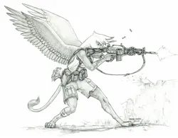 Size: 1500x1169 | Tagged: safe, artist:baron engel, derpibooru import, gilda, anthro, digitigrade anthro, gryphon, amputee, assault rifle, black and white, fallout, fallout 4, female, flower, grayscale, gun, image, jpeg, monochrome, patreon, patreon reward, pencil drawing, prosthetic arm, prosthetic limb, prosthetics, rifle, shooting, simple background, solo, spread wings, story included, traditional art, weapon, white background, wings