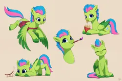 Size: 3000x2000 | Tagged: safe, artist:luminousdazzle, derpibooru import, oc, unofficial characters only, insect, pegasus, pony, my little pony: tell your tale, background pony, bag, bust, cute, cutie mark, flying, food, french fries, g5, image, luminous dazzle, lying down, paintbrush, png, saddle bag, sitting, smiling, stick insect, unshorn fetlocks