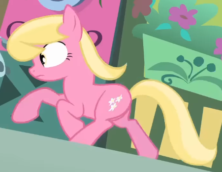 Size: 451x348 | Tagged: safe, derpibooru import, screencap, lily, lily valley, earth pony, pony, bridle gossip, season 1, background pony, cropped, female, flower shop, galloping, image, mare, panicking, png, running, solo, solo female, solo focus