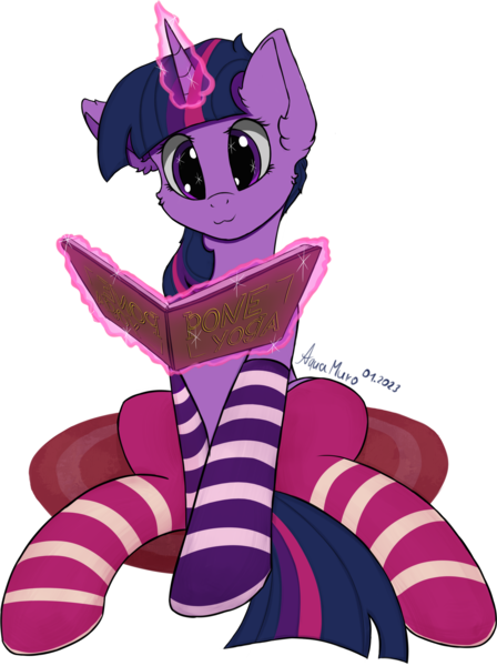 Size: 2137x2861 | Tagged: safe, alternate version, artist:aquamuro, derpibooru import, twilight sparkle, pony, unicorn, :3, alternate versions at source, belly, big ears, book, carpet, clothes, cute, ear fluff, female, fluffy, glow, glowing horn, horn, image, magic, mare, owo, png, signature, simple background, sitting, sketch, slim, socks, solo, sparkly eyes, telekinesis, thin, transparent background, twiabetes, wingding eyes