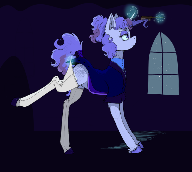 Size: 1411x1262 | Tagged: safe, artist:paskanaakka, derpibooru import, oc, oc:midnight dew, unofficial characters only, pony, unicorn, alternate timeline, brush, brushing, clothes, derpibooru exclusive, ear fluff, eyeshadow, female, hairbrush, image, lidded eyes, magic, makeup, mare, night, nightmare takeover timeline, png, socks, solo, stockings, thigh highs, uniform