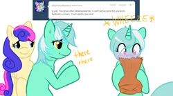 Size: 1080x600 | Tagged: safe, artist:azure-doodle, derpibooru import, bon bon, lyra heartstrings, sweetie drops, pony, ask, bag, female, image, lesbian, lyrabon, magic, paper bag, png, self paradox, self ponidox, sexually confused lyra, shipping, simple background, white background