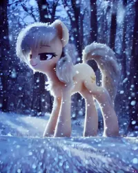 Size: 1024x1280 | Tagged: safe, machine learning generated, oc, unofficial characters only, pony, taiga pony, female, forest, image, mare, png, snow, snowfall, solo, tree