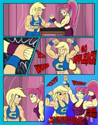 Size: 5102x6520 | Tagged: safe, artist:dncsamsonart, derpibooru import, applejack, sour sweet, human, equestria girls, abs, applejacked, arm wrestling, biceps, cheering, clothes, curtains, gritted teeth, image, muscles, png, shadowbolts, shorts, smiling, sour swole, sports bra, sports shorts, sweat, sweatdrop, table, teeth, vein bulge, wondercolts