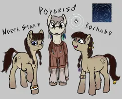 Size: 818x663 | Tagged: safe, alternate version, artist:barhandar, oc, oc:kochab, oc:north star, oc:polaris, unofficial characters only, pony, taiga pony, clothes, female, gray background, image, male, mare, open mouth, png, raised hoof, shaman, simple background, smiling, stallion
