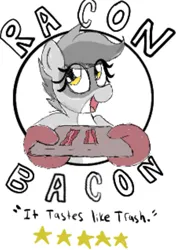 Size: 591x841 | Tagged: safe, artist:datte-before-dawn, oc, oc:bandy cyoot, unofficial characters only, hybrid, pony, raccoon, raccoon pony, bacon, female, food, image, mare, meat, open mouth, png, simple background, solo, white background