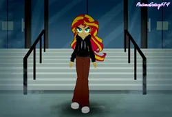 Size: 4694x3200 | Tagged: safe, derpibooru import, sunset shimmer, human, equestria girls, clothes, converse, dark, ear piercing, earring, evil grin, eyeshadow, fake screencap, fake screenshot, female, grin, high res, hoodie, human sunset, image, jewelry, makeup, pants, piercing, png, shoes, signature, smiling, sneakers, solo, wind, windswept hair