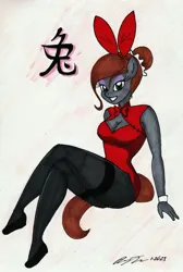 Size: 1979x2939 | Tagged: safe, artist:newyorkx3, derpibooru import, oc, oc:casey, unofficial characters only, anthro, earth pony, boob window, breasts, bunny ears, bunny suit, cleavage, clothes, female, image, jpeg, looking at you, lunar new year, simple background, solo, white background, year of the rabbit