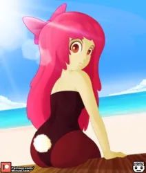 Size: 2976x3507 | Tagged: safe, alternate version, artist:minusclass, derpibooru import, apple bloom, human, equestria girls, apple bloom's bow, ass, beach, bloom butt, bow, bunny bloom, bunny costume, bunny suit, butt, clothes, hair bow, image, jpeg, lens flare, looking at you, looking back, looking back at you, patreon, patreon logo, playboy bunny apple bloom, sitting, solo