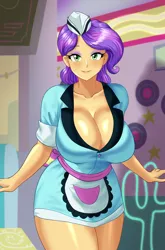 Size: 1348x2048 | Tagged: suggestive, artist:thebrokencog, derpibooru import, tip top, human, equestria girls, apron, big breasts, breasts, busty tip top, cleavage, clothes, commission, commissioner:someguy845, female, hat, high res, huge breasts, image, looking at you, png, sexy, solo, solo female, stupid sexy tip top, sweet snacks cafe, thighs, waitress