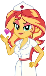 Size: 3028x4951 | Tagged: safe, artist:emeraldblast63, derpibooru import, sunset shimmer, human, equestria girls, eyeshadow, floating heart, hat, heart, image, lipstick, makeup, nurse, nurse hat, nurse outfit, png, simple background, solo, transparent background