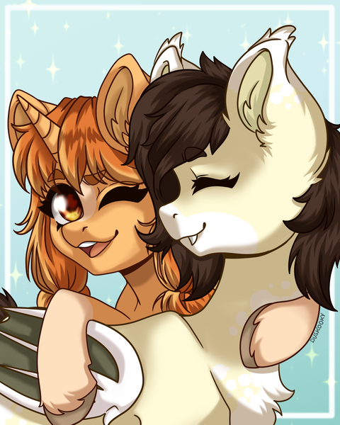 Size: 2160x2700 | Tagged: safe, artist:duskooky, derpibooru import, oc, oc:mocha, oc:morning latte, unofficial characters only, bat pony, pony, unicorn, blaze (coat marking), chest fluff, coat markings, commission, cute, ear fluff, facial markings, fangs, female, hug, image, mare, png, smiling, ych result
