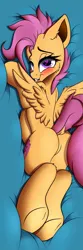 Size: 683x2048 | Tagged: suggestive, artist:emilywulfstudios, scootaloo, pegasus, pony, blushing, body pillow, dock, featureless crotch, female, filly, foal, heart eyes, image, jpeg, looking at you, solo, solo female, wingding eyes