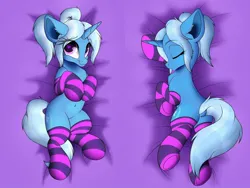 Size: 1024x768 | Tagged: source needed, safe, alternate version, artist:emilywulfstudios, trixie, pony, unicorn, alternate hairstyle, body pillow, clothes, dock, eye clipping through hair, female, frog (hoof), heart eyes, image, jpeg, mare, sleeping, socks, solo, striped socks, underhoof, wingding eyes
