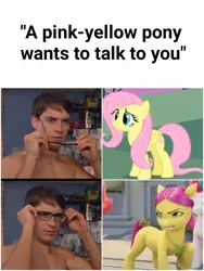 Size: 1500x1999 | Tagged: safe, derpibooru import, edit, edited screencap, screencap, fluttershy, posey (g5), zipp storm, earth pony, human, pegasus, pony, my little pony: make your mark, spoiler:my little pony: make your mark, expectation vs reality, g5, image, jpeg, marvel, meme, spider-man