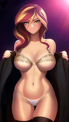 Size: 864x1536 | Tagged: suggestive, derpibooru import, editor:sammykun, machine learning generated, novelai, stable diffusion, sunset shimmer, human, equestria girls, beautiful, belly button, belly fetish, bra, breasts, busty sunset shimmer, clothes, detailed, e-cup bra, humanized, image, jpeg, legwear, lingerie, looking at you, midriff, open clothes, panties, sexy, smiling, socks, string, stupid sexy sunset shimmer, thigh highs, thigh socks, thighs, underboob, underwear, wide hips