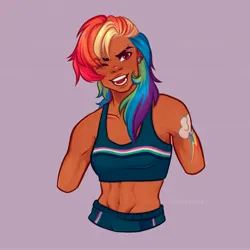 Size: 2538x2538 | Tagged: safe, artist:rubimlp6, derpibooru import, rainbow dash, human, abs, alternate hairstyle, alternative cutie mark placement, asian, belly button, blackwashing, blue background, clothes, cute, cutie mark tattoo, dashabetes, ear piercing, earring, female, humanized, image, jewelry, jpeg, korean, moon runes, one eye closed, open mouth, piercing, shorts, shoulder cutie mark, simple background, solo, sports bra, sports shorts, tattoo, tumblr nose, wink