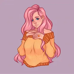 Size: 2532x2532 | Tagged: safe, artist:rubimlp6, derpibooru import, fluttershy, human, alternate hairstyle, blue background, clothes, cute, ear piercing, earring, female, humanized, image, jewelry, jpeg, piercing, ring, shyabetes, simple background, solo, sweater, sweatershy