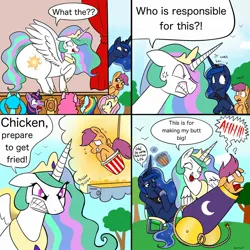 Size: 1772x1772 | Tagged: safe, artist:therainbowtroll, derpibooru import, kotobukiya, applejack, fluttershy, pinkie pie, princess celestia, princess luna, rainbow dash, twilight sparkle, twilight sparkle (alicorn), ponified, alicorn, pegasus, pony, unicorn, 4 panel comic, applejack's hat, beach chair, betrayal, blushing, bucket, butt, cannon, chair, comic, cowboy hat, cross-popping veins, crown, deep frier, dialogue, disproportionate retribution, emanata, fuse, glow, glowing horn, grass, gritted teeth, hat, hatsune miku, horn, huge butt, image, imagine spot, jewelry, jpeg, kfc, kotobukiya hatsune miku pony, large butt, laughing, looking at someone, looking at something, lowering, magic, magic aura, onomatopoeia, open mouth, pony cannonball, prank, regalia, rope, scootachicken, screaming, shocked, shrunken pupils, sky, smiling, smirk, sound effects, speech bubble, stage, sweat, sweatdrop, teeth, telekinesis, the ass was fat, this will end in a trip to the moon, thought bubble, to the moon, tree, trolluna, vocaloid, volumetric mouth